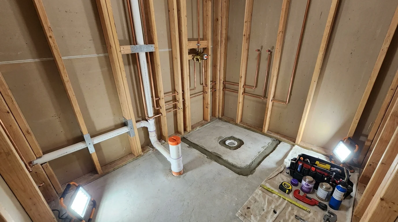 Bathroom rough-in plumbing during remodel by Johns Plumbing LLC in Stephens City