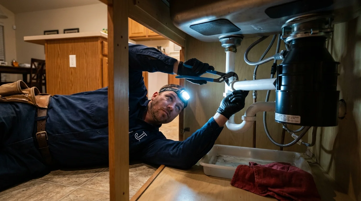 P-trap and supply line connections under a kitchen sink showing a common leak point in Stephens City, VA